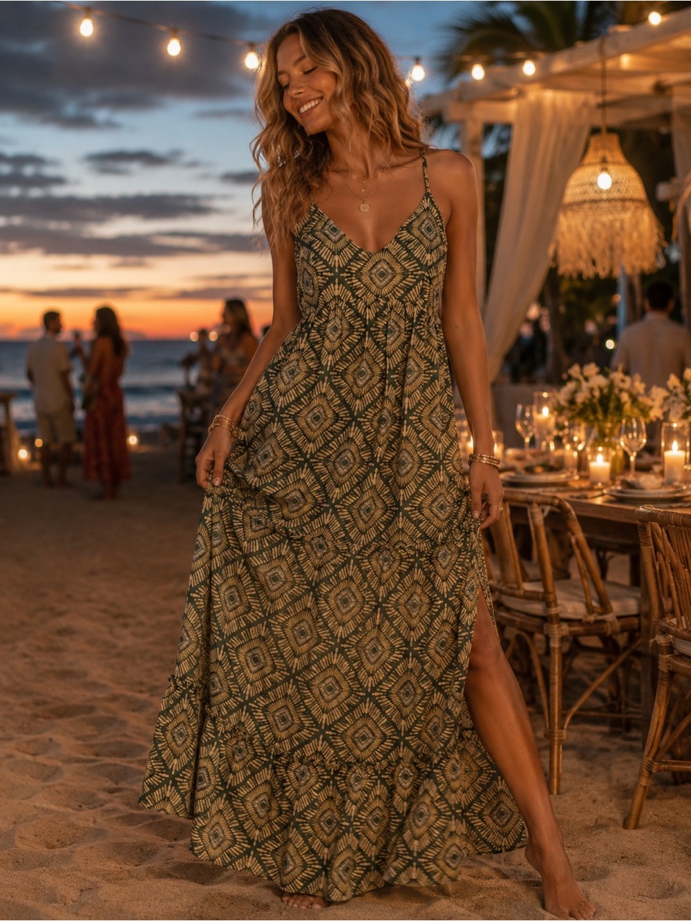 Flowy boho green & white maxi dress